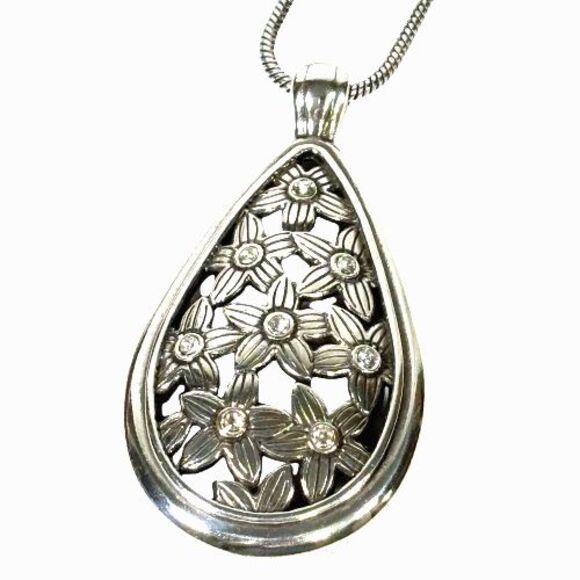 Brighton Large Teardrop Flowers w/ Crystals Cluster Pendant Necklace Silver 18" - Picture 1 of 12